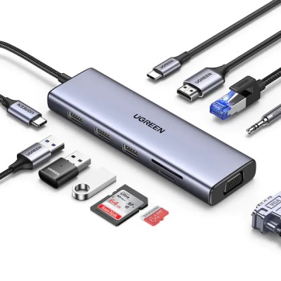 HUB Multifonctionnel 10-In-1 USB-C - 3x USB, HDMI, RJ45, Jack 3.5mm, VGA, TF, SD Card Gris - Multimedia