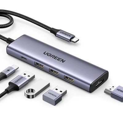 HUB Multifonctionnel 5en1 USB-C - HDMI 1.4 / 3 x USB-A / USB-C PD 100W Ugreen CM511 Gris - Multimedia