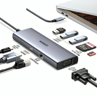 HUB Multifonctionnel 9-In-1 USB-C to 3xUSB-A, HDMI, VGA, TF/SD, Land and PD Gris - Multimedia